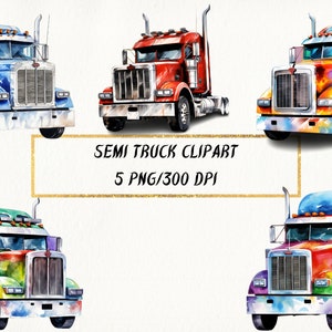 Clipart de semi caminhão aquarela, pacote PNG de gráficos de caminhão, aquarela de veículo, uso comercial, convite de caminhão, criação de cartão