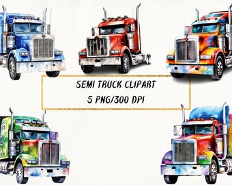 Watercolor Semi Truck Clipart: PNG Graphics Bundle (Digital Download)