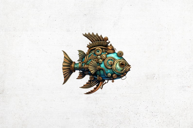 Steampunk Fish Clipart, Fantasy Steampunk Fish PNG Bundle for Commercial Use, Steampunk Digital Paper Crafts, Card Making, Mixed Media image 6