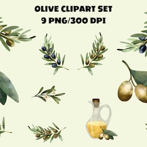 Olive Clipart Set: Watercolor Olive Branch PNG Bundle