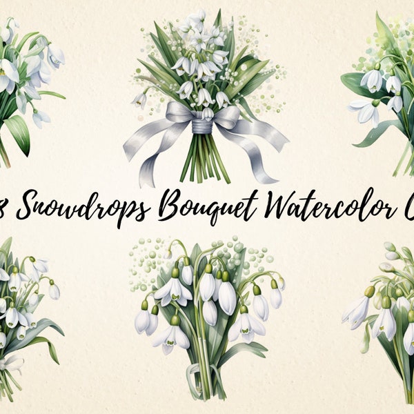 Snowdrops Bouquet Clipart Collection, Watercolor Elegant Snowdrops Bouquet PNG Bundle, Perfect for Wedding Invitations, Commercial Use