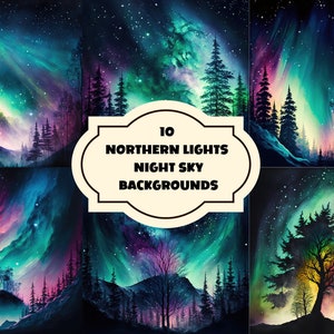 May include: Ten digital backgrounds featuring a night sky with the aurora borealis, also known as the Northern Lights, in shades of green, purple, and pink. The backgrounds also feature silhouettes of trees and mountains.