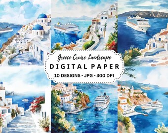 Greece Cruise Watercolor Clipart: Landscape JPG Bundle (Digital Download)