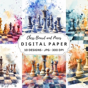 Échiquier et pièces clipart, arrière-plans aquarelle pour amateur d'échecs, créations numériques, pages de journaux indésirables, 10 fichiers JPG de haute qualité
