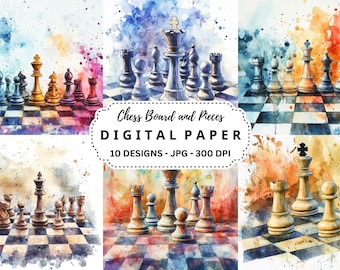 Watercolor Chess Clipart: Board & Pieces, Junk Journal (10 JPGs)