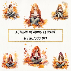 Watercolor Autumn Reading Clipart: PNG Bundle for Junk Journals (Digital Download)