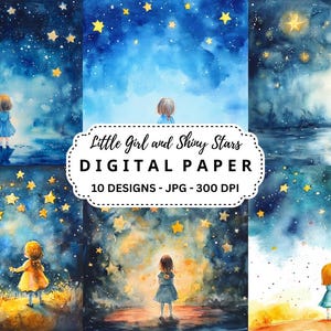 Kleines Mädchen und glänzende Sterne Bilder Bundle, 10 Aquarell Hochwertige JPGs Digitale Hintergründe für Junk Journal, Scrapbooking, Papierhandwerk