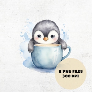 Cute Penguin in Cup Clipart, Watercolor Adorable Penguin Sublimation ...