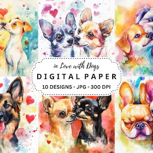 Aquarell verliebt in Hunde Bilder Bundle, 10 hochwertige JPGs Hintergründe für Junk Journal, Scrapbooking, Papierhandwerk, kommerzielle Nutzung