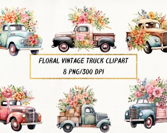 Watercolor Floral Truck Clipart: Vintage Retro PNG Bundle (300 DPI)