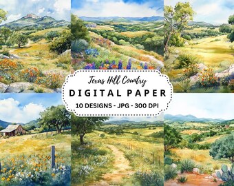 Texas Hill Country Watercolor Backgrounds: Scrapbook Paper (Digital Download)