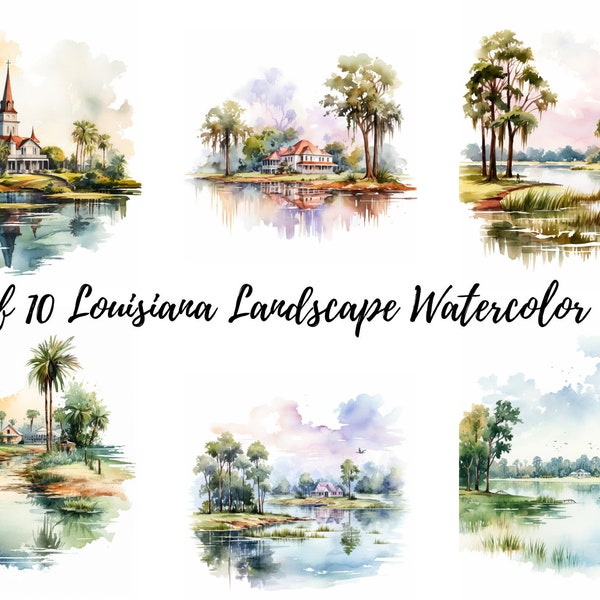 Clipart de paysages de Louisiane aquarelle, arrière-plans de papier peint de Louisiane, ensemble de 10 JPG de haute qualité, Pack de papier numérique, fabrication de cartes