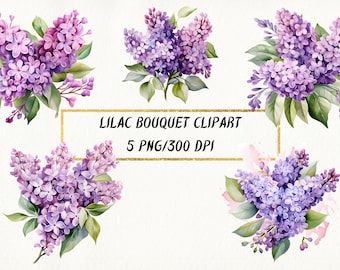 Watercolor Lilac Bouquet Clipart, Wedding Clipart, Purple Lilac PNG Bundle for Commercial Use, Floral Lilac Bouquets, Digital Download