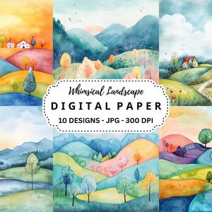 Arrière-plans de paysages fantaisistes, 10 illustrations JPG de haute qualité pour créations en papier, créations numériques, shabby chic, cliparts aquarelle
