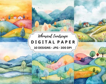 Watercolor Landscape Backgrounds: Whimsical Clipart, Paper Crafts (Digital Download)