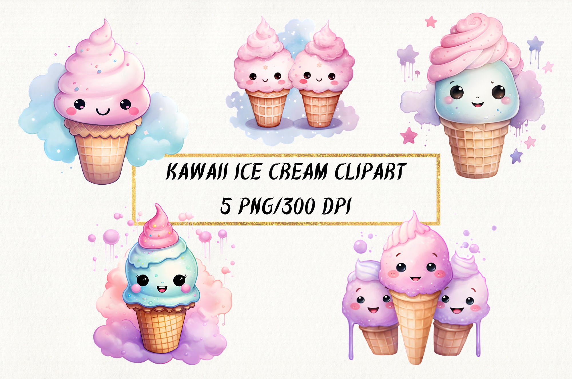 Watercolor Kawaii Ice Cream Clipart, Pink Icea Cream PNG Bundle for Commercial Use, Cute Cartoon