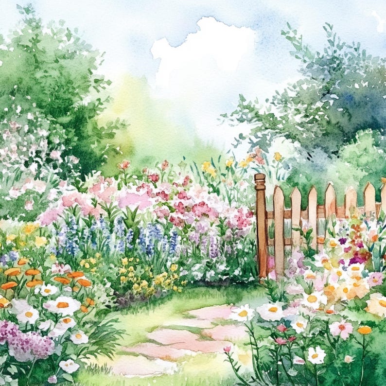 May include: A watercolor painting of a garden with a wooden picket fence and a path leading through the flowers. The flowers are in shades of pink, purple, and white.
