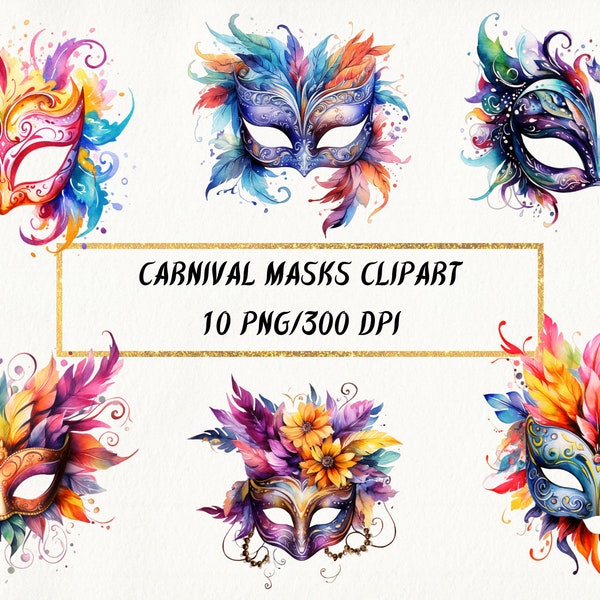 Watercolor Carnival Masks Clipart, Mardi Carnival Gras Mask PNG Bundle for Commercial Use, Masquerade Mask Clipart, Carnival Graphics