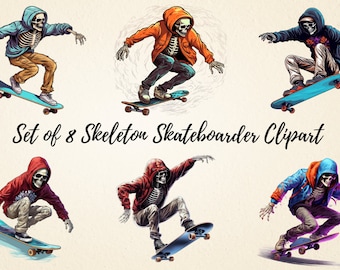 Scheletro Skateboarder Clipart, Scheletro spettrale Pacchetto di immagini PNG di alta qualità, Sublimazione dello scheletro, Skater T-shirt Design Graphic Art