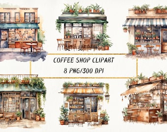 Clipart café aquarelle : ensemble PNG, usage commercial (téléchargement numérique)
