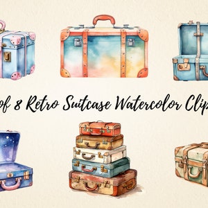 Valise rétro Aquarelle Clipart, Illustrations de haute qualité, Travel PNG Bundle, Digital Paper Crafts, Junk Journals, Scrapbooking