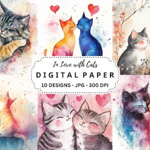 Clipart de enamorados con gatos, 10 archivos JPG de alta calidad para diario basura, manualidades, álbumes de recortes, descarga instantánea, fondos de acuarela