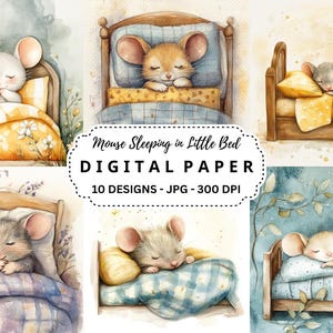 Souris qui dort dans son petit lit, cliparts aquarelle, fichiers JPG de haute qualité pour création numérique, Images de scrapbooking, usage Commercial