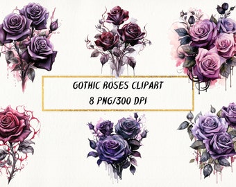 Watercolor Gothic Roses Clipart, Magical Gothic Flowers PNG Bundle, Dark Fantasy Watercolor Designs, Black Rose Clip Art Set, Commercial Use