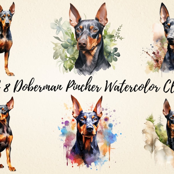 Doberman Pincher Clipart, Watercolor Pet Portrait High Quality Images PNG Bundle, Digital Paper Crafts, Dogs Stickers, Junk Journal