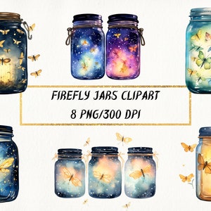 Aquarel Firefly Jars Clipart, Prachtige Firefly Mason Jar PNG Bundel voor commercieel gebruik, Mason Jar Lights, Firefly Shirt