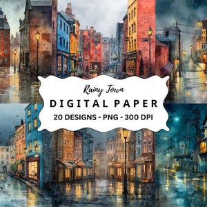 Watercolor Rainy Town Clipart Bundle: 20 PNG Images for Scrapbooking Commercial Use