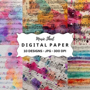 Könnte beinhalten: Digitales Papier mit Noten und Aquarellspritzern in verschiedenen Farben. Das Bild enthält den Text "Music Sheet DIGITAL PAPER 10 DESIGNS - JPG - 300 DPI". Der Hintergrund hat eine Vintage-Ästhetik.