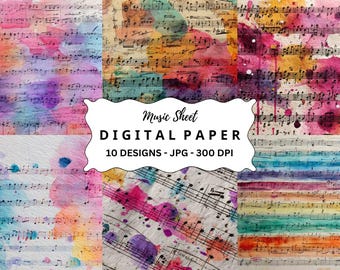 Watercolor Music Sheet Backgrounds: Scrapbook Paper JPG Bundle Digital Download
