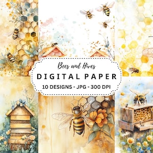 May include: Digital paper pack with 10 designs featuring watercolor illustrations of bees, honeycombs, and beehives. The designs are in shades of yellow, brown, and white, with a light blue background. The text "Bees and Hives Digital Paper 10 Designs - JPG - 300 DPI" is displayed in a white box.