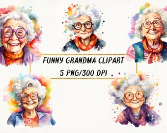 Watercolor Grandma Clipart: Funny Old Woman PNG Bundle (Digital Download)
