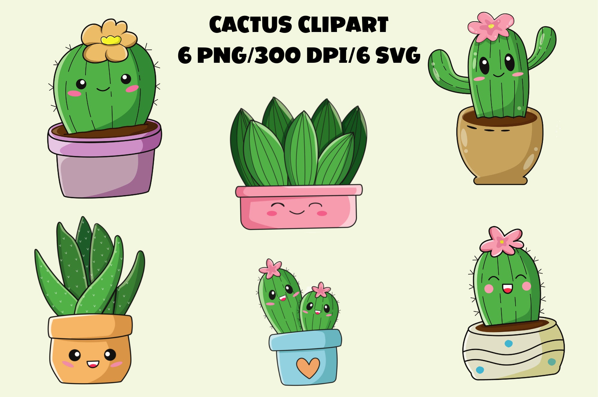 Kawaii Cactus Clipart Set Cute Cactus Sublimation Designs 6 Etsy