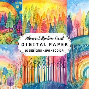 Bundel met grillige regenboogbosafbeeldingen, 10 hoogwaardige achtergrondenillustraties voor junkjournal, scrapbooking, papierkunst
