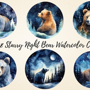 Clipart de aquarela de urso de noite estrelada, pacote PNG de sublimação de ursos de céu noturno de alta qualidade, clipart de planejador, artesanato em papel digital, diários