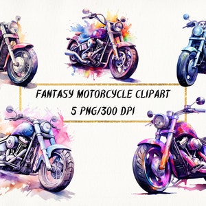Clipart di motociclette fantasy ad acquerello, set di 5 pacchetti PNG di motociclette steampunk ad acquerello per uso commerciale, creazione di biglietti, album di ritagli