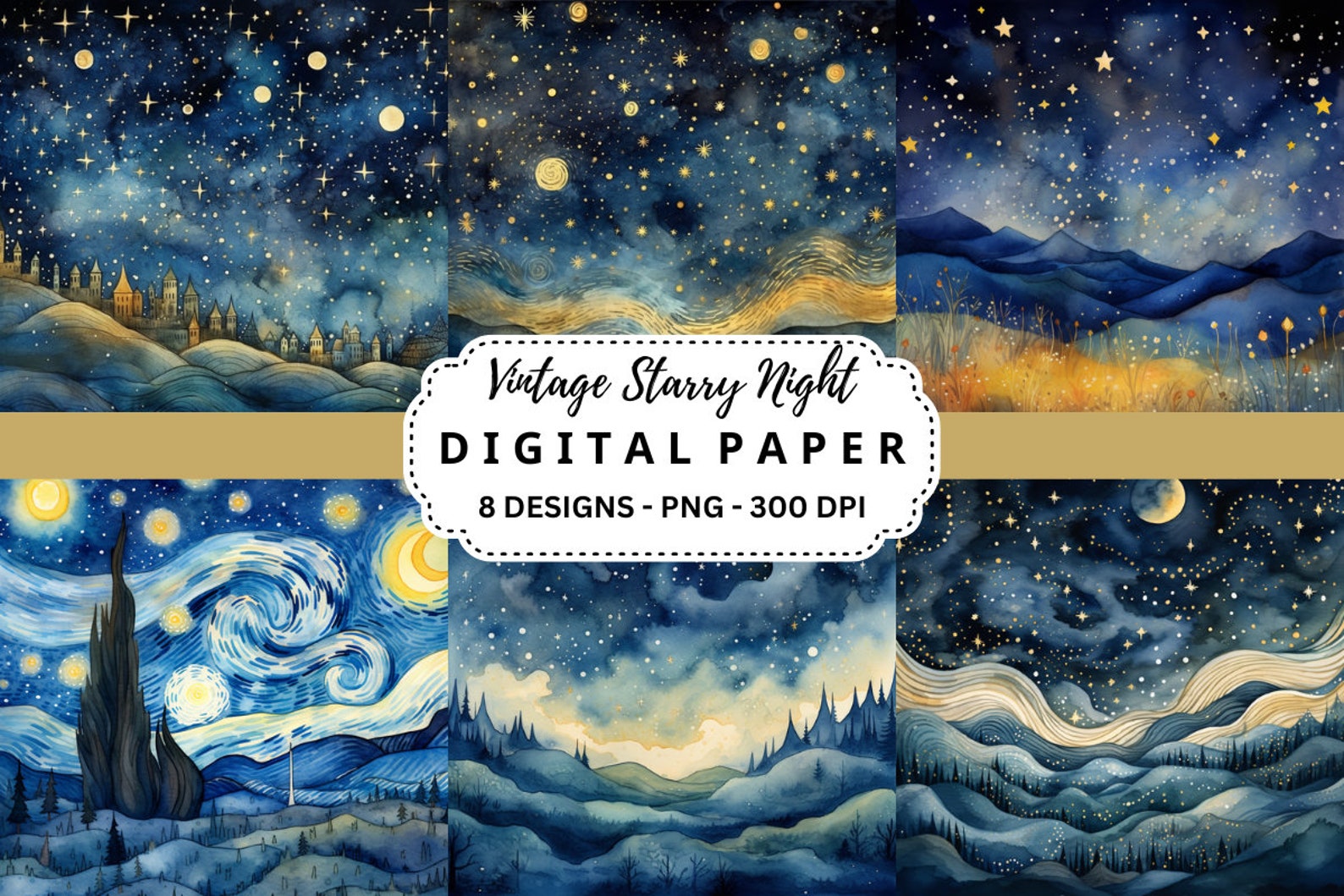 Watercolor Starry Night Digital Paper: Vintage Fantasy Backgrounds (PNG ...