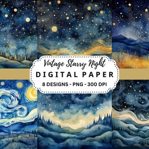 Papel digital aquarela vintage de noite estrelada, fundos de fantasia de noite estrelada, diário de lixo, álbum de recortes, fabricação de cartões