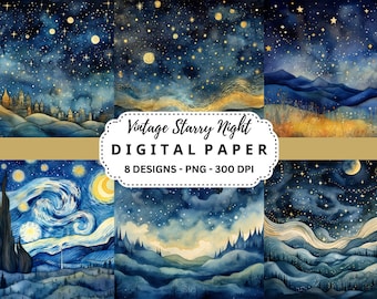 Watercolor Starry Night Digital Paper: Vintage Fantasy Backgrounds (PNG)
