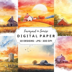 Pacchetto di immagini di Farmyard in Sunrise, 10 sfondi di paesaggi di alba in JPG ad acquerello di alta qualità per diario di spazzatura, scrapbooking, lavori di carta