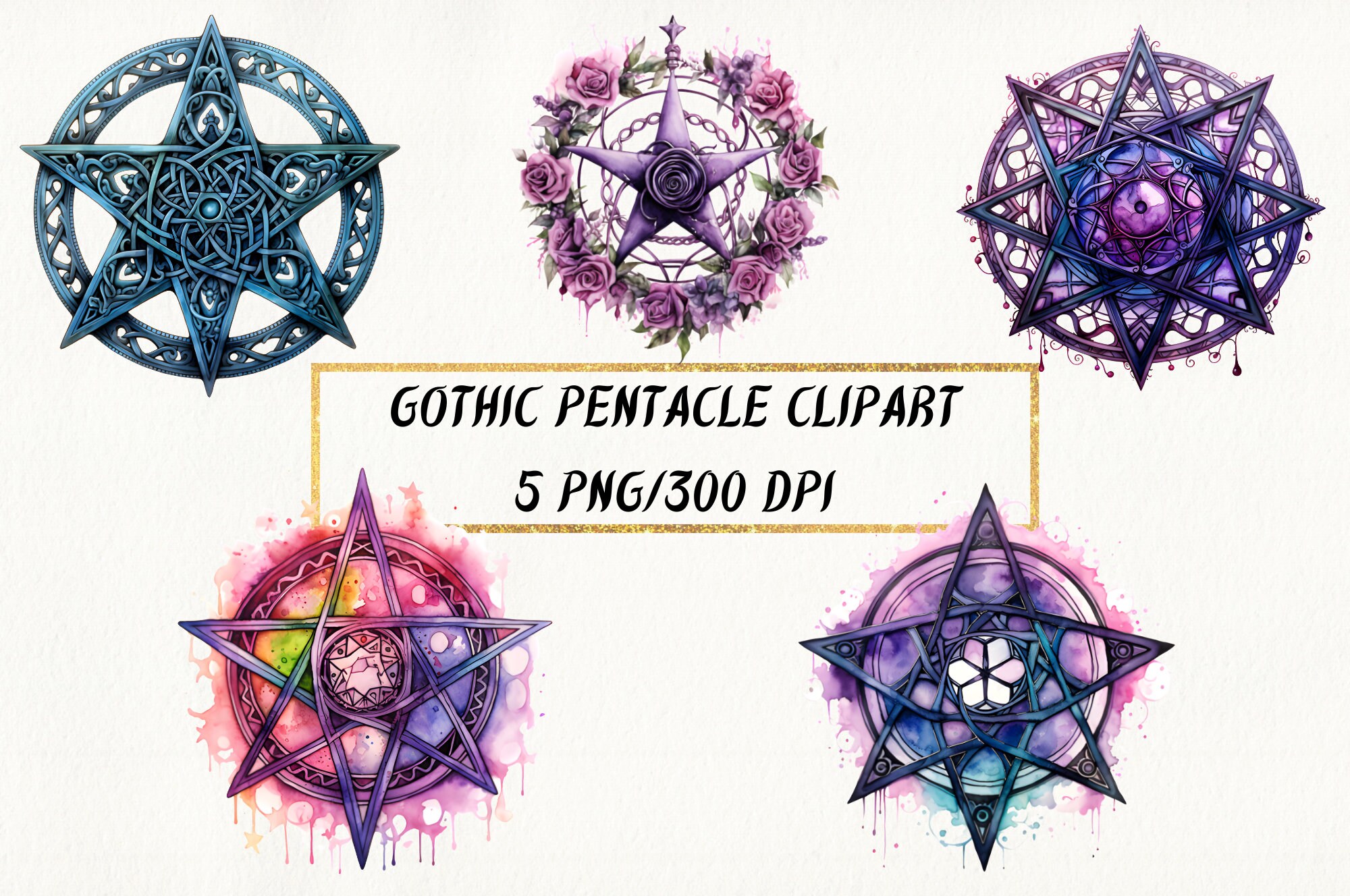 Clipart de Pentagrama Gótico em Aquarela: Pacote de Pentagramas Florais PNG (Download Digital)