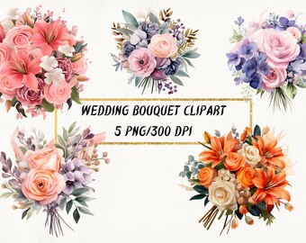 Clipart di bouquet da sposa ad acquerello: pacchetto PNG floreale (download digitale)