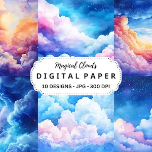 Watercolor Clouds Clipart: Fantasy Sky JPG Backgrounds (Digital Download)