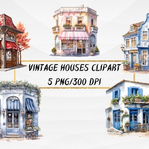Watercolor Vintage Houses Clipart: Retro PNG Bundle (Digital Download)