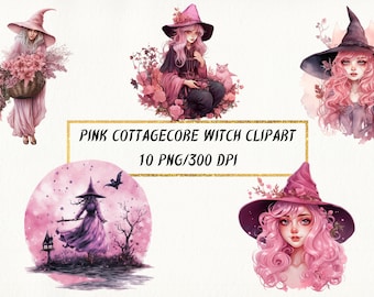 Pink Cottagecore Witch Watercolor Clipart: Fantasy PNG Bundle (Commercial Use)