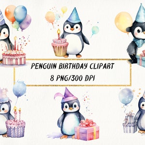 Aquarell Pinguin Geburtstag Clipart, süße Pinguin Party PNG Bundle, Kawaii alles Gute zum Geburtstag Pinguine Einladungen, kommerzielle Nutzung