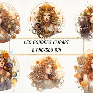 Löwe Göttin Clipart, Löwe Geburtstagsgeschenk, Astrologie Clipart, Celestial Clipart, Sternzeichen Clipart, Löwe Sternzeichen PNG Bundle für kommerzielle Nutzung
